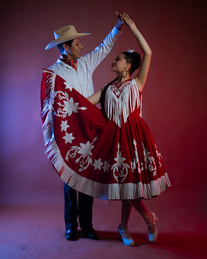 A couple performs Mexican folkloric dance, showcasing rich traditional attire on a vibrant backdrop.